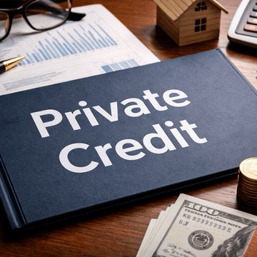 A dark blue folder labeled "Private Credit" rests on a desk alongside financial charts, a model house, eyeglasses, a pen, and a stack of hundred-dollar bills. The image visually anchors the post's discussion of the private credit market, with the model house symbolizing real estate debt exposure and the cash stack representing the financial stakes tied to floating-rate lending risks.