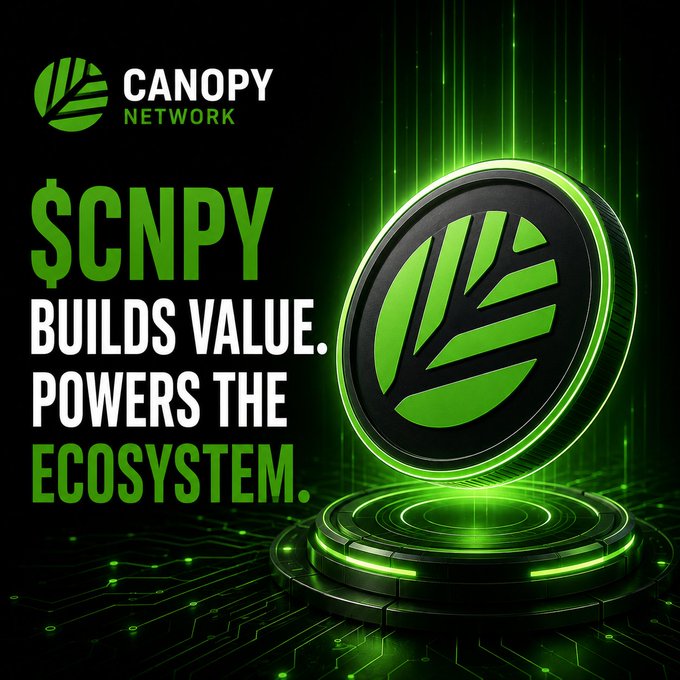 A promotional graphic for Canopy Network featuring their green leaf logo and a glowing green token, with text reading '$CNPY BUILDS VALUE. POWERS THE ECOSYSTEM.'