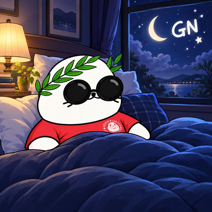 An illustration of a cute cartoon panda wearing sunglasses and a laurel wreath, sitting on blue bedding with a night sky and "GN" (good night) text visible through the window.