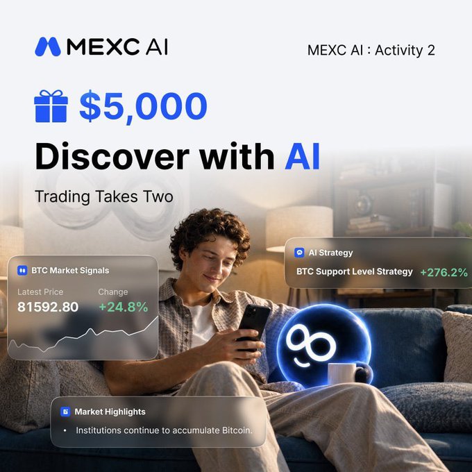A promotional advertisement for MEXC AI's 'Activity 2', offering a $5,000 prize for 'Trading Takes Two', featuring BTC market signals showing a price of 81592.80 and an AI Strategy showing a +276.2% gain.