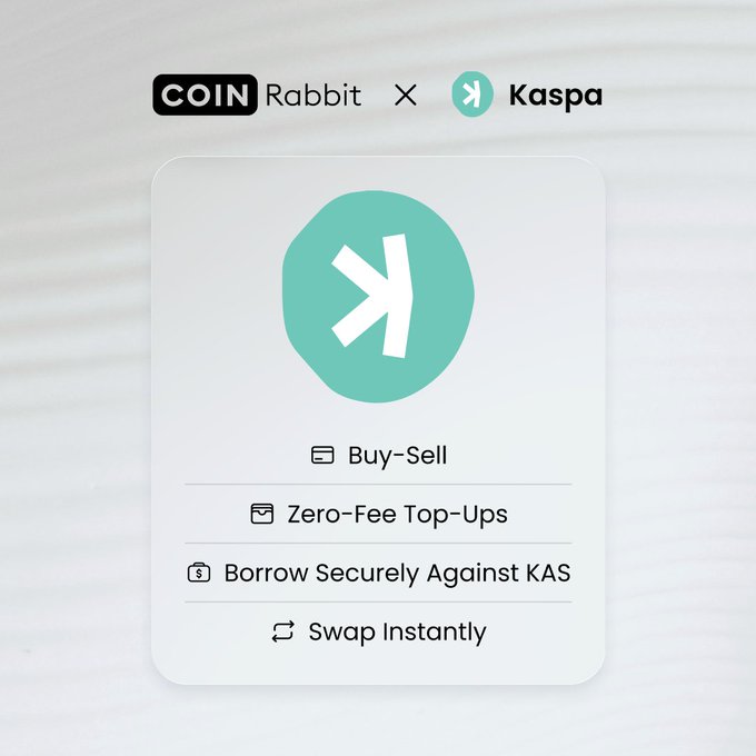 A promotional graphic showing a partnership between 'COIN Rabbit' and 'Kaspa' (KAS), listing features: Buy-Sell, Zero-Fee Top-Ups, Borrow Securely Against KAS, and Swap Instantly.