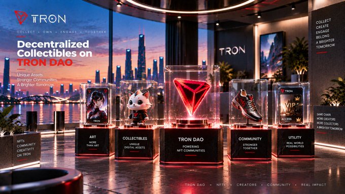 Promotional banner for TRON DAO featuring 'Decentralized Collectibles on TRON DAO' with display cases highlighting Art, Collectibles, TRON DAO, Community, and Utility categories against a cityscape backdrop.
