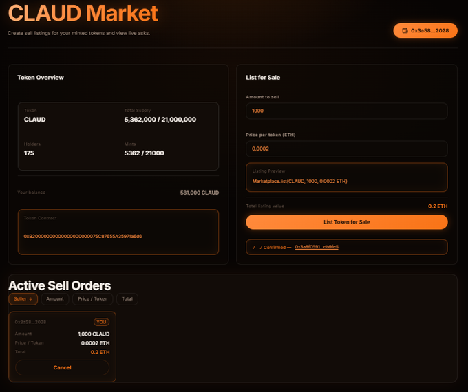 A screenshot of a "CLAUD Market" webpage showing a "Token Overview" for the CLAUD token with a total supply of 5,362,000 out of 21,000,000, alongside a "List for Sale" section.