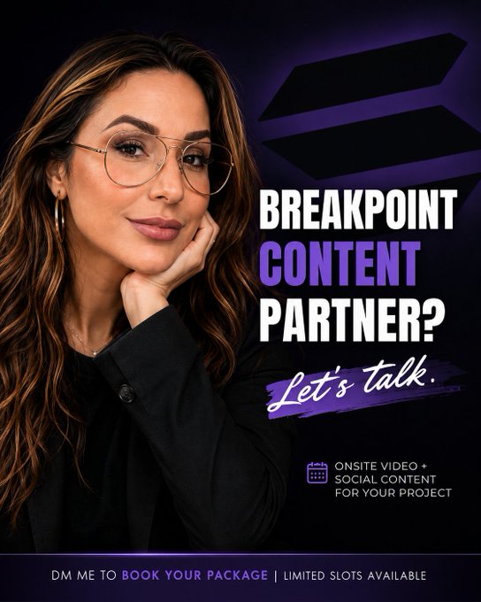 A promotional graphic featuring a woman with glasses posing beside bold text reading 'BREAKPOINT CONTENT PARTNER? Let's talk' with smaller text promoting 'ONSITE VIDEO + SOCIAL CONTENT FOR YOUR PROJECT' and 'DM ME TO BOOK YOUR PACKAGE | LIMITED SLOTS AVAILABLE'.