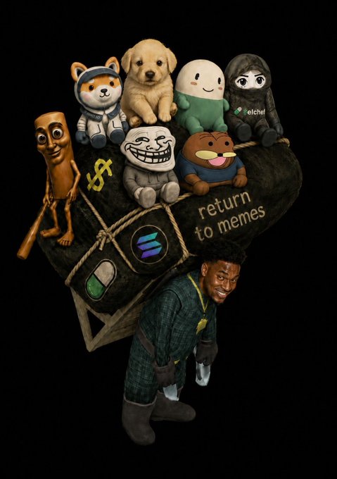 A man carries a massive sack labeled "return to memes" overflowing with plush versions of iconic internet meme characters—including a Shiba Inu dog, trollface, and a plushie tagged "elchel"—while the accompanying post uses the image to symbolize a heavily burdened journey led by crypto influencer Ansem, whose meme coin $Ansem reached a 28M market cap.