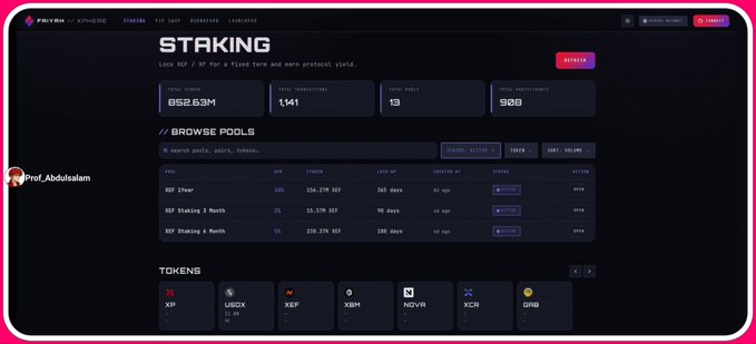 The image displays a dark-themed Faiyah staking dashboard on the XPHERE ecosystem, featuring a total value locked of 652.63M XEF, 1,141 depositors across 13 pools, with 908 total participants, and showing options like "XEF 1Year," "XEF Staking 3 Month," and "XEF Staking 6 Month" alongside token tickers XP, USDX, XEF, XBM, NOVA, XCR, and GRB.

The screenshot illustrates the practical staking interface referenced in the post, highlighting Faiyah's role within the XPHERE ecosystem where users can lock XEF or XP tokens to earn protocol yields.