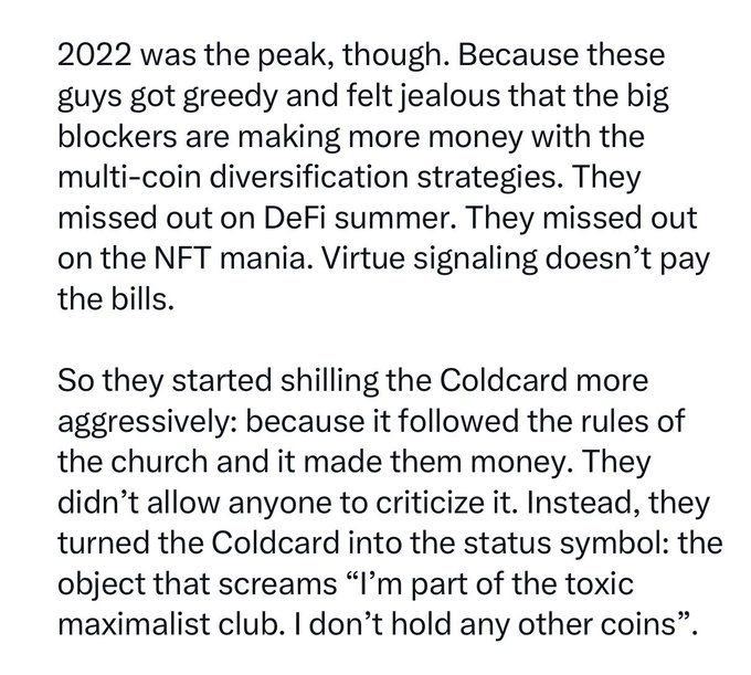 A block of text criticizing Bitcoin maximalists, stating '2022 was the peak' and accusing them of becoming greedy with Coldcard shilling and virtue signaling.