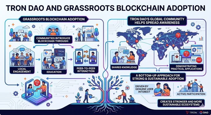 The image features a large poster or infographic that explains the concept of "TRON DAO and Grassroots Blockchain Adoption" using illustrations, diagrams, and text. The poster highlights the importance of local engagement, education, and peer-to-peer interaction in spreading awareness about blockchain technology among communities. It also emphasizes the role of TRON DAO's global community in helping to spread knowledge and demonstrate the benefits of adopting this technology through real-life examples.
