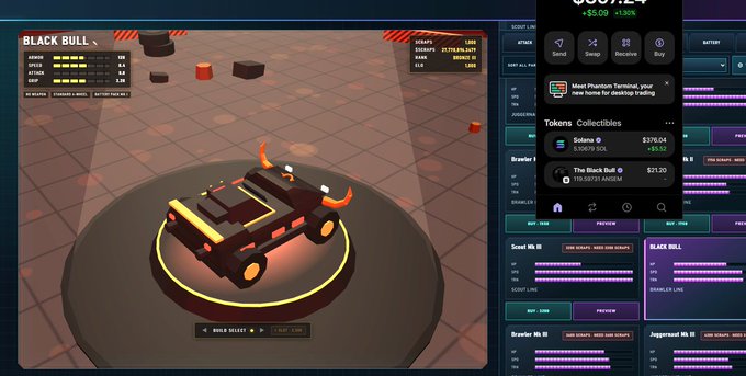 A screenshot from a 3D tank battle game called 'BLACK BULL' showing a customized black and yellow tank on a battlefield, with a 'New Phantom Terminal' NFT marketplace notification on the right side.