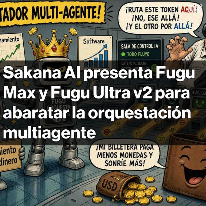 A cartoon scene featuring a crowned robot and a control room with text including 'FUGU', 'SALA DE CONTROL IA', and Spanish headlines stating 'Sakana AI presenta Fugu Max y Fugu Ultra v2 para abaratar la orquestación multiagente'.