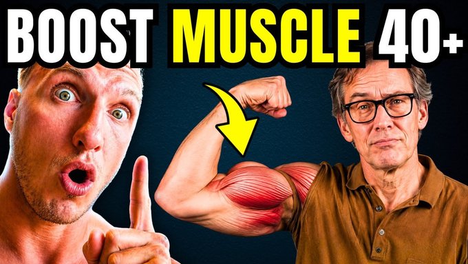 The image is a YouTube-style thumbnail featuring the bold text "BOOST MUSCLE 40+" at the top, showing a surprised younger man on the left, an older man flexing his bicep with an anatomy illustration overlay on the right, and a yellow arrow pointing between them—visually pitching muscle growth advice for men over 40, aligning with the post's humorous theme of "pumping muscles" during a Bitcoin price drop.