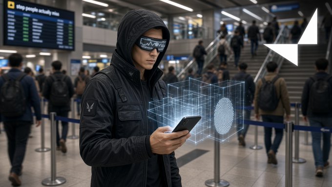 A hooded person stands in a busy transit station holding a smartphone, which projects a glowing 3D wireframe box and a fingerprint-like swirl into the air, while blurred travelers and a digital departures board fill the background.

The image visually echoes the post's theme: a lone figure using a phone to map or claim a specific "corner" of the station—mirroring the idea that real-world spaces must be captured in the moment by humans on the ground rather than inferred from text alone, just as the $405 job on Vangrid's board rewards lived, ground-truth data over scraped abstractions.