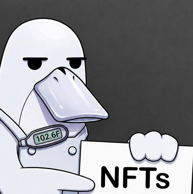 A cartoon duck character wearing a digital thermometer displaying '102.6F' holding a sign that reads 'NFTS'.