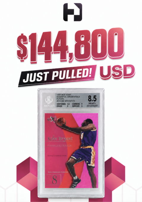 Promotional image announcing "$144,800 USD JUST PULLED!" featuring a graded 1997 EX-2001 E-X Essential Credentials Kobe Bryant basketball card with an 8.5 grade from Beckett.