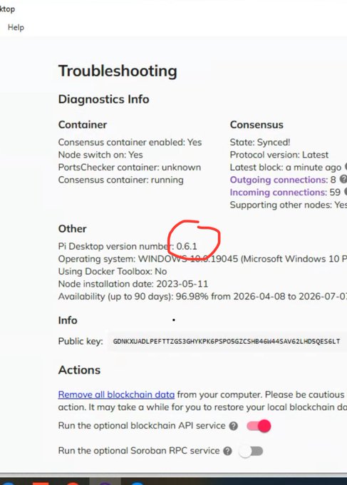 Troubleshooting page screenshot showing Diagnostics Info including Container, Consensus, and Other sections, with '0.6.1' circled in red next to 'Pi Desktop version number'.