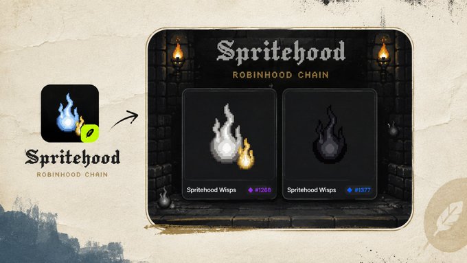 A digital asset display for 'Spritehood - Robinhood Chain' shows pixel-art fire sprites labeled 'Spritehood Wisps' in two tiers (#1268 and #1377), with an app icon on the left and an arrow pointing to the collection.
