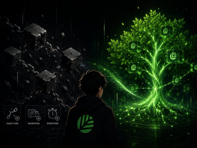 A hooded figure bearing the Canopy (CNPY) leaf logo stands before a luminous green tree entwined with blockchain nodes on one side and fragmented, decaying code blocks on the other, while icons below label "HARD FORK," "MIGRATION," and "DOWNTIME" with red X marks—visually contrasting the painful traditional upgrade path with Canopy's living, growing alternative.