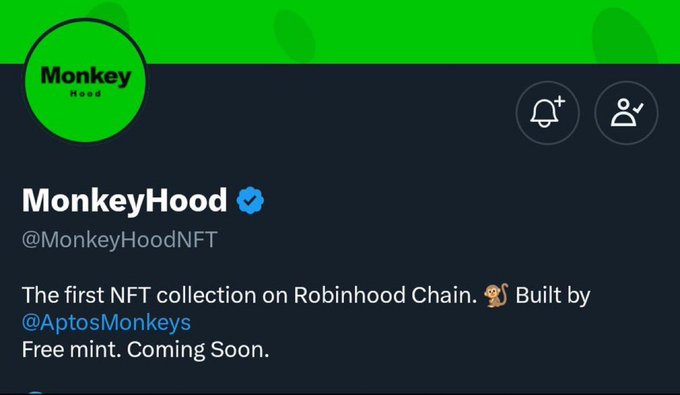 The image shows the Twitter/X profile page for "MonkeyHood" (@MonkeyHoodNFT), displaying their green circular monkey logo with "Monkey Hood" text, a verified checkmark, and bio stating "The first NFT collection on Robinhood Chain. Built by @AptosMonkeys. Free mint. Coming Soon."

The profile image aligns with the post's promotion of a free mint NFT collection by @AptosMonkeys, showcasing the official MonkeyHood branding as the project offering 10k supply with guaranteed spots for those who engage with the tweet.