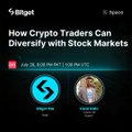 A Bitget Spaces livestream titled "How Crypto Traders Can Diversify with Stock Markets" is featured, showing scheduled timing (Jul 28, 12:30 PM PKT) with 2,549 RSVPs, and promoting $2.5 USDT rewards alongside a Q&A and Telegram Quiz to engage viewers on diversification strategies.