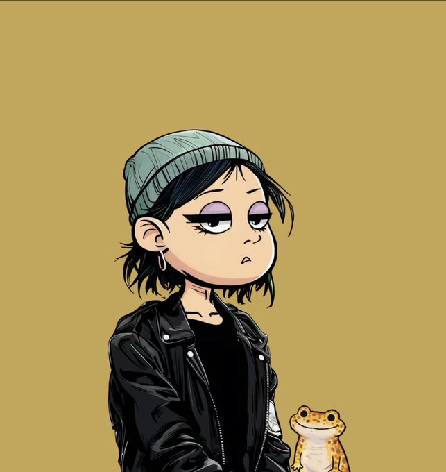 A cartoon-style illustration of a girl with purple eyeshadow and a green beanie wearing a black leather jacket, accompanied by a small smiling frog.