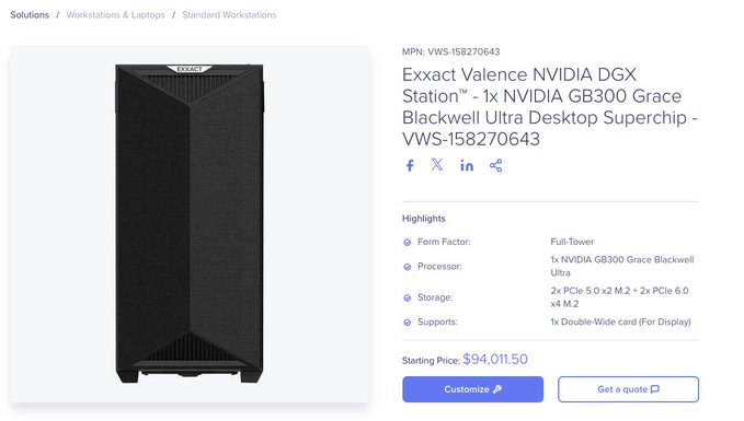 The image shows an Exxact Valence NVIDIA DGX Station featuring 1x NVIDIA GB300 Grace Blackwell Ultra Desktop Superchip, with a starting price of $94,011.50. The post's goal of "$1,000 per 94T parameters" highlights the steep cost of cutting-edge AI hardware, as this single workstation—priced at over $94,000—represents the premium infrastructure required to run large-scale AI models, making the ambitious price-per-parameter target a significant challenge.