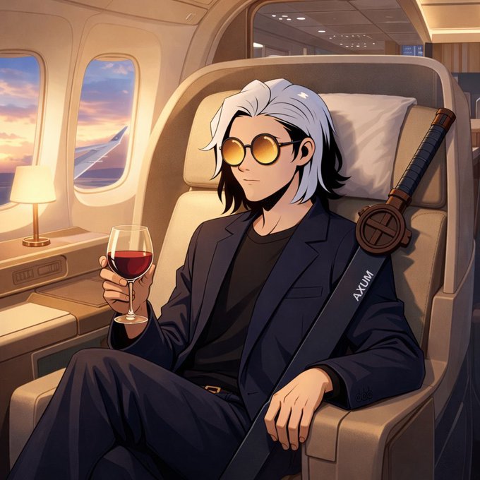 The image features a man sitting in an airplane seat with his legs crossed while holding a wine glass. He has sunglasses on and appears to be enjoying his time during the flight. The post he is reading seems to be about the @KiiChainio ecosystem, which could potentially be related to the airline industry or travel services.