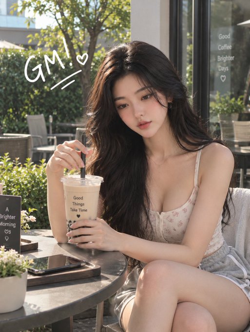 A young woman with long dark hair sits at an outdoor café holding an iced coffee cup, with 'GM! ♡' written on the image.