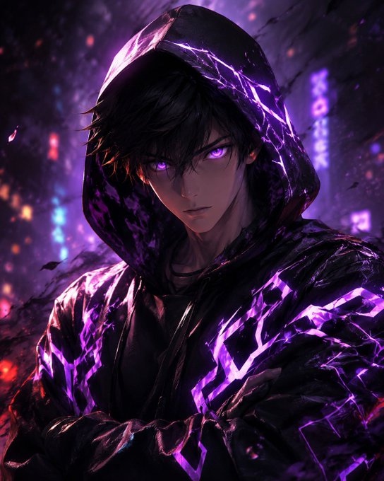 An anime-style digital artwork of a hooded character with glowing purple eyes and purple lightning-like energy emanating from their dark cloak.