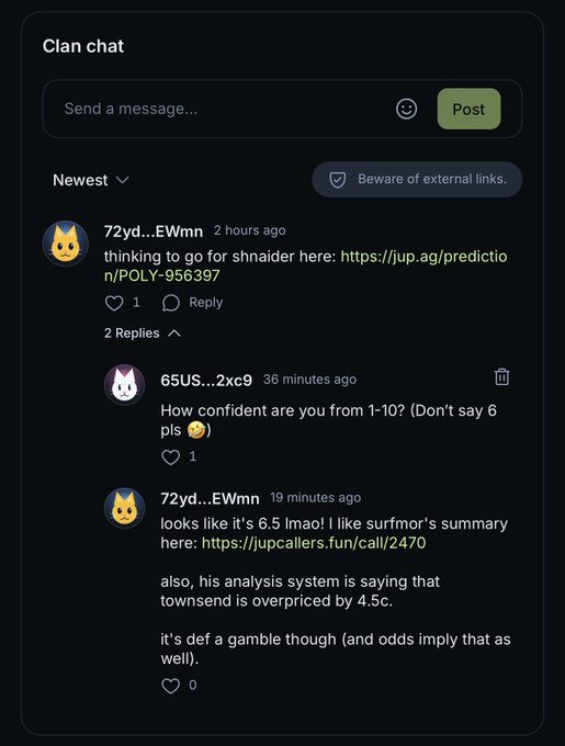 Screenshot of a 'Clan chat' interface featuring a conversation about football predictions; user '72yd...EWmn' shares a 'jup.ag' link for 'Shnaider' and mentions 'townsend is overpriced by 4.5c.'