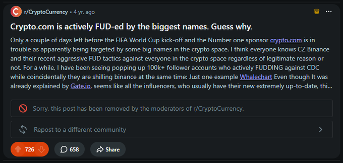 A Reddit post from r/CryptoCurrency titled 'Crypto.com is actively FUD-ed by the biggest names. Guess why.' discussing CZ Binance and FUD tactics, which has been removed by moderators, with 726 upvotes and 658 comments.