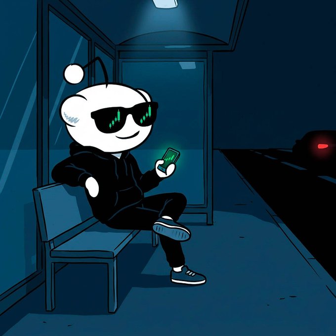 A cartoon illustration of a stylized white character wearing black clothes and sunglasses with green dollar signs, sitting on a bus stop bench holding a glowing green object while a red car passes by.