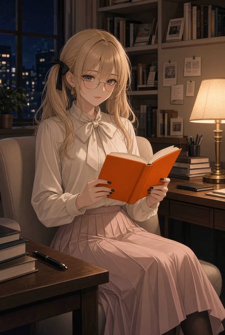 An anime-style illustration shows a blonde woman with glasses and twin tails, wearing a white blouse and pink skirt, peacefully sitting in a chair while reading an orange book in a cozy, lamp-lit study.