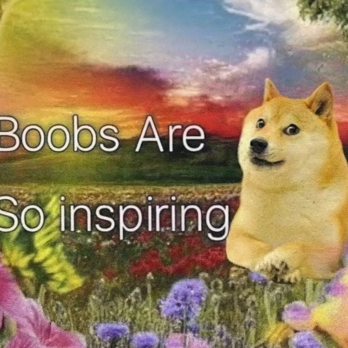 The image features the text "Boobs Are So inspiring" superimposed over a serene landscape with a dogecoin-like dog.