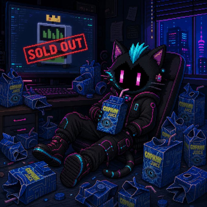 A cyberpunk-style illustration of a black cat character surrounded by 'COPIUM JUICE' cartons, with a 'SOLD OUT' stamp on a monitor.