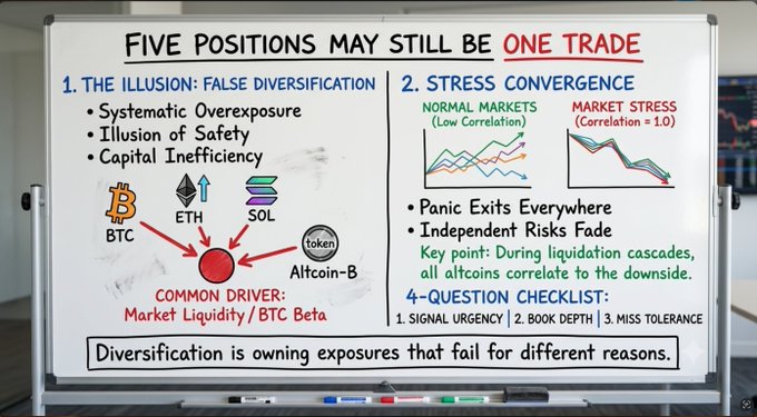 The image shows a whiteboard titled "FIVE POSITIONS MAY STILL BE ONE TRADE," explaining how holding BTC, ETH, SOL, and two altcoins (Altcoin-B and "token") often represents false diversification due to systematic overexposure and stress convergence, where correlations approach 1.0 during market crashes. The accompanying caption reinforces this point, noting that the altcoins ultimately fail for the same reason—liquidity and BTC beta—rather than independent drivers.