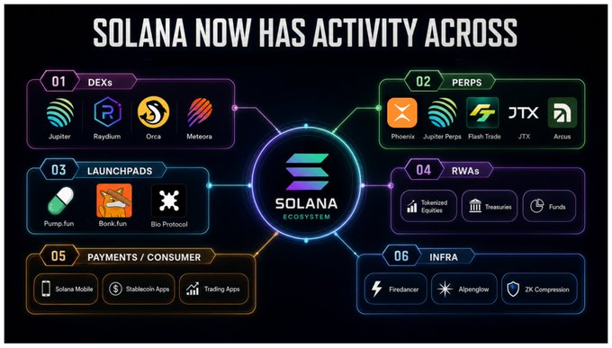 The image is an infographic titled "SOLANA NOW HAS ACTIVITY ACROSS" that maps out the Solana ecosystem across six categories: DEXs (Jupiter, Raydium, Orca, Meteora), PERPS (Phoenix, Jupiter Perps, Flash Trade, JTX, Arcus), Launchpads (Pump.fun, Bankr.fun, Bio Protocol), RWAs (Tokenized Equities, Treasuries, Funds), Payments/Consumer (Solana Mobile, Stablecoin Apps, Trading Apps), and Infra (Firedancer, Alpenglow, ZK Compression).

This visual reinforces the post's thesis by showcasing Solana's deep, multi-sector infrastructure—from memecoin launchpads like Pump.fun to upcoming upgrades like Firedancer—suggesting that the recent speculative activity is built on a maturing ecosystem rather than empty hype.