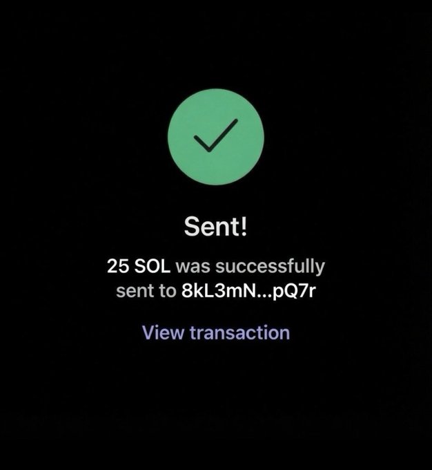 A dark confirmation screen displays a green checkmark with the text "Sent!" indicating that 25 SOL was successfully transferred to the wallet address "8kL3mN...pQ7r," with a "View transaction" link in purple below. The image appears to be a staged proof-of-payment screenshot meant to lend credibility to the accompanying giveaway post promising $SOL profits to 20 commenters.