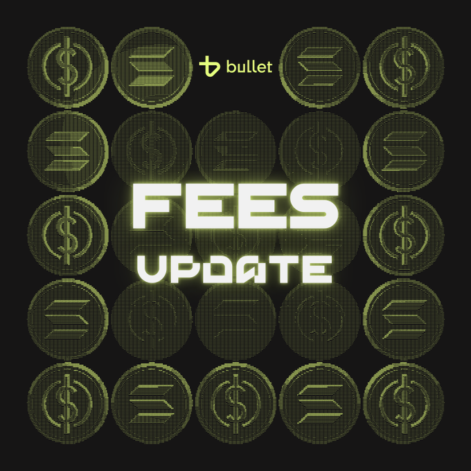 A dark graphic with the text "FEES UPDATE" in neon green, featuring the "bullet" logo surrounded by coin designs.