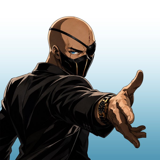 An anime-style illustration of a bald man with a black eyepatch and a black and gold face mask, wearing a black jacket and reaching forward with a gold watch on his wrist against a light blue gradient background.