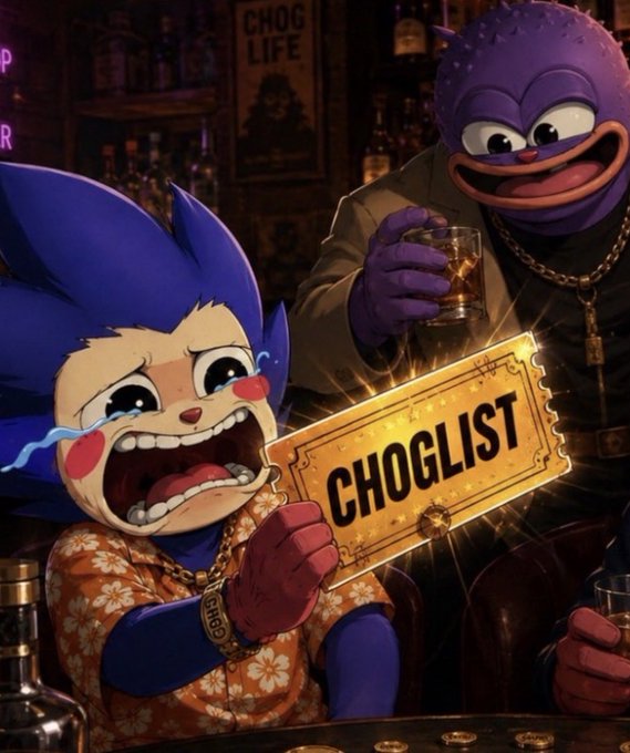 A cartoon hedgehog character cries while clutching a glowing golden "CHOGLIST" ticket in a dimly lit bar, as a purple spiky creature beside him grins with a drink in hand—visually mocking the meme's jab that without the "choglist," you can't mint chog on Monad or Robinhood (and the 404 page just adds to the joke).