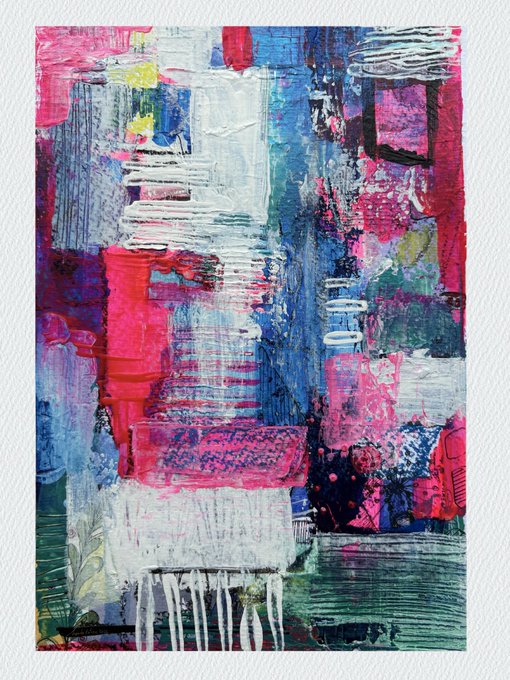 Abstract mixed-media art piece with vibrant pink, blue, white, and green colors featuring textured brushstrokes and collage elements on a white background.