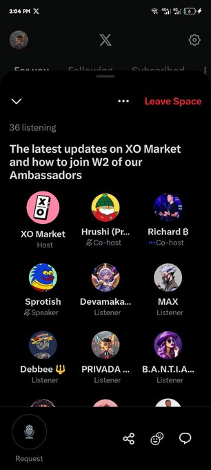 A screenshot of the X (Twitter) app showing a Twitter Space titled 'The latest updates on XO Market and how to join W2 of our Ambassadors' with 36 listening, featuring hosts XO Market, Hrushi, and Richard B.