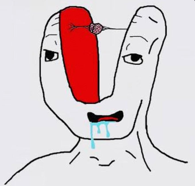 A crudely drawn cartoon of a pale figure with a red vertical stripe over one eye, drooling blue fluid from its mouth.