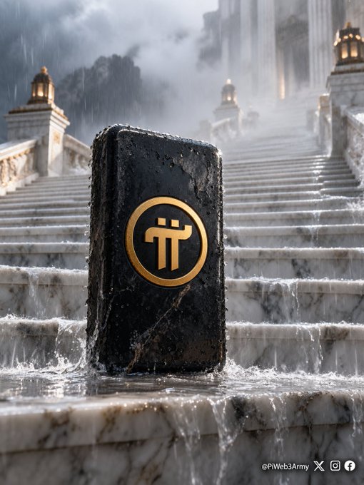 A black stone tablet engraved with the Pi Network logo sits on marble steps with flowing water, watermarked '@PiWeb3Army' on social media icons.