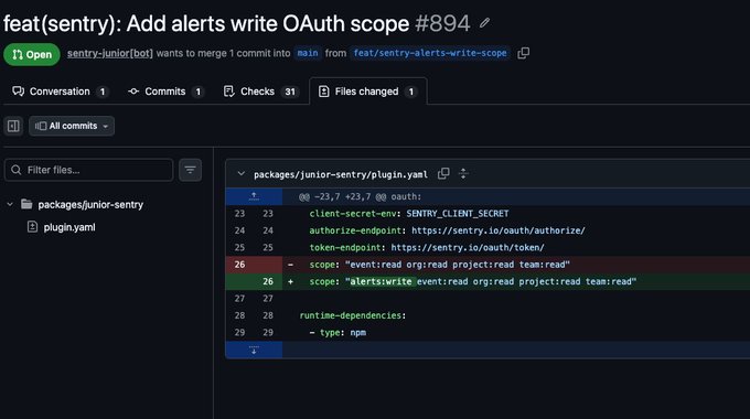 A GitHub pull request titled "feat(sentry): Add alerts write OAuth scope #894" showing a one-line code change in `packages/junior-sentry/plugin.yaml` that updates the OAuth scope string from `"event:read org:read project:read team:read"` to `"alerts:write event:read org:read project:read team:read"`, illustrating the tiny patch that Sol was able to generate automatically.
