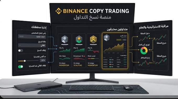 A promotional image for 'BINANCE COPY TRADING' featuring a desktop monitor displaying a trading platform interface in Arabic text, alongside a laptop, keyboard, and mouse.