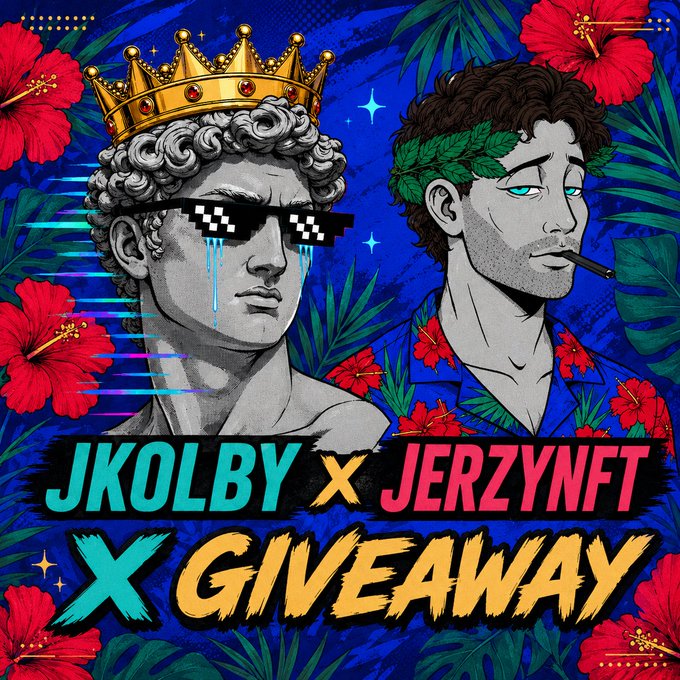 A vibrant promotional graphic for a "JKOLBY x JERZYNFT GIVEAWAY" featuring stylized illustrations of a classical statue wearing a crown and pixelated sunglasses crying blue tears, alongside a modern man with a laurel wreath, all set against a tropical floral background—paired with a post announcing a 2 SOL giveaway split among 8 winners, with entries requiring follows, likes, retweets, and tagging two friends.