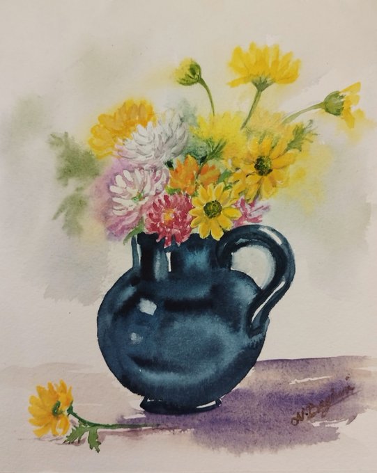 A watercolor painting depicts a bouquet of yellow, pink, and white flowers arranged in a dark blue ceramic pitcher, with a small yellow daisy resting beside it.