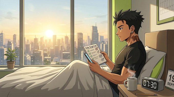 An anime-style man with dark spiky hair sits in bed reviewing a 'Daily Target List' with a coffee mug and a clock showing 07:30 beside him, overlooking a city skyline at sunrise.