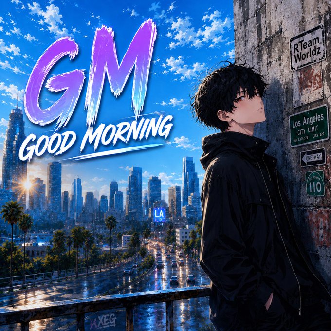 An anime-style illustration features a young man in a black jacket overlooking a Los Angeles cityscape, with stylized text reading 'GM GOOD MORNING' and a 'Los Angeles City Limit' sign visible.
